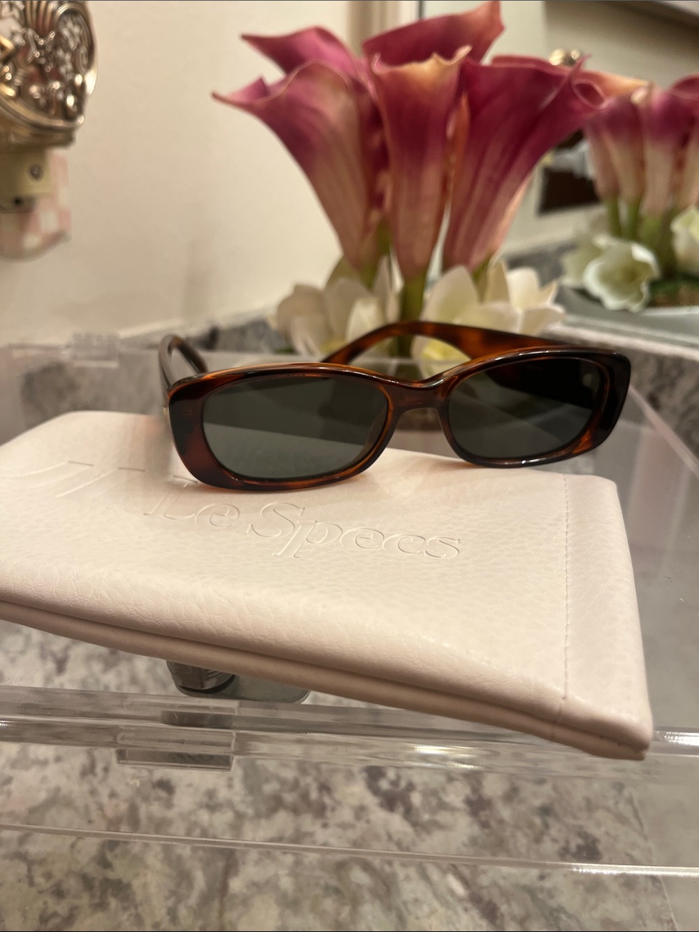 Le Specs Tortoiseshell Slim Rectangle Sunglasses - Brown Frame, Dark Lenses